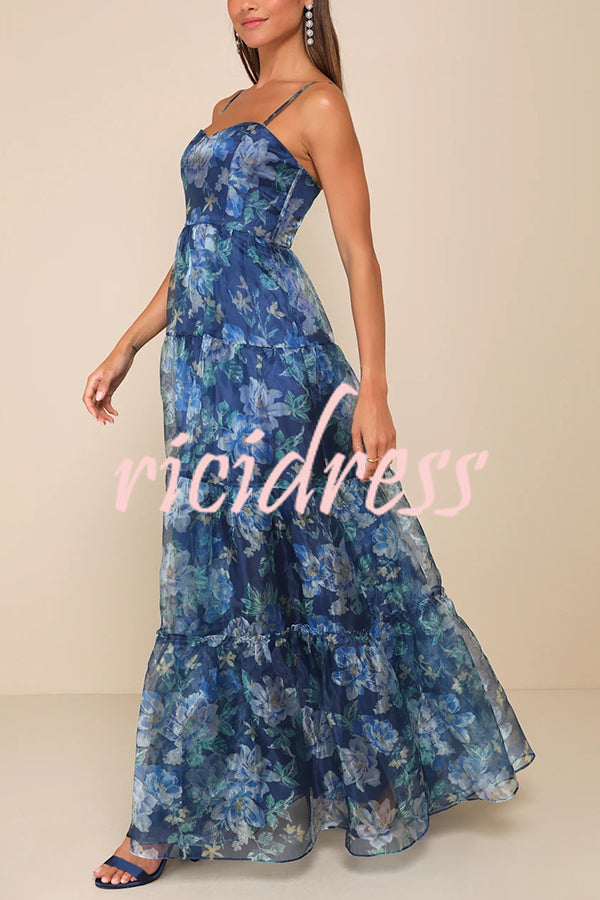 Exclusive Glamour Organza Floral Print Tiered Slip Maxi Dress