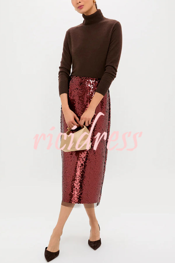 Upper East Chic Sequin Mesh Trim High Rise Slit Pencil Midi Skirt