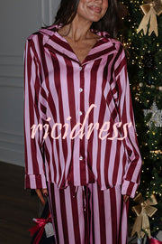 Courtney Satin Colorblock Striped Loose Shirt and Elastic Waist Pocketed Pajama Set