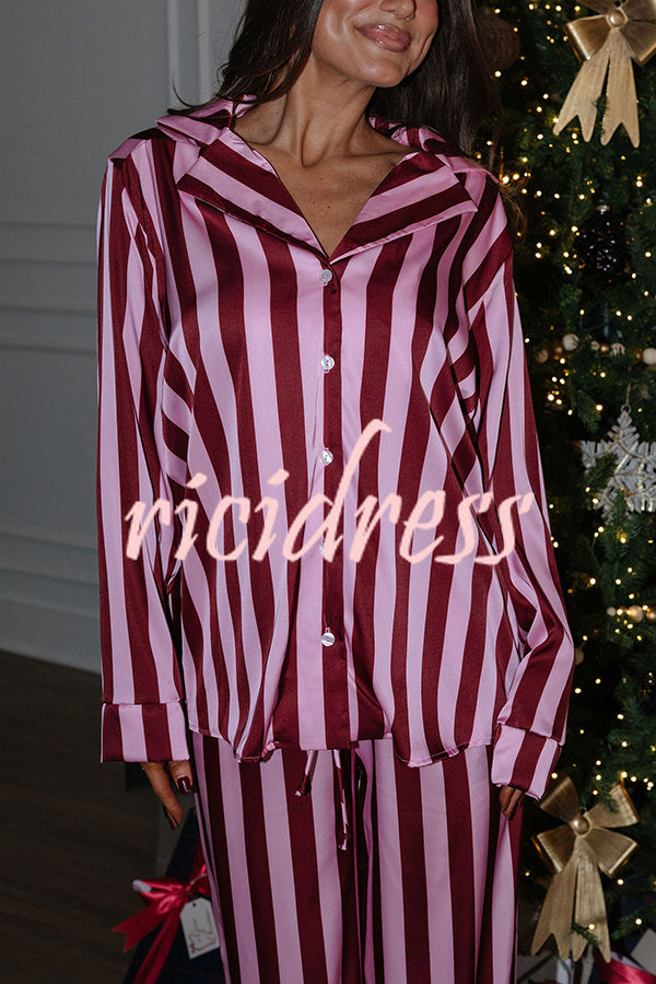 Courtney Satin Colorblock Striped Loose Shirt and Elastic Waist Pocketed Pajama Set