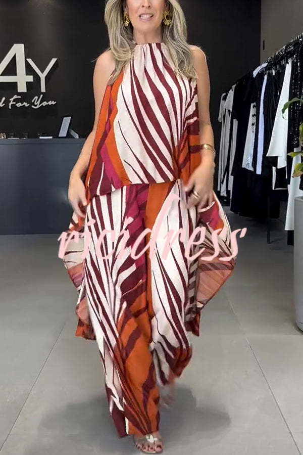 Edina Unique Print High Low Halter Loose Top and Elastic Waist Pocketed Wide Leg Pants Set