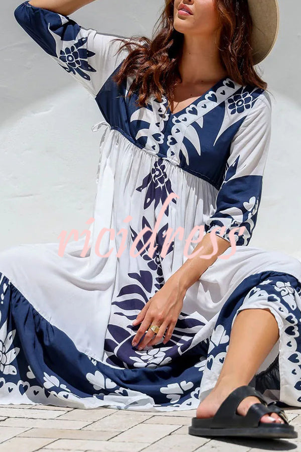 Unique Printed V-neck Loose Resort Style Midi Dress