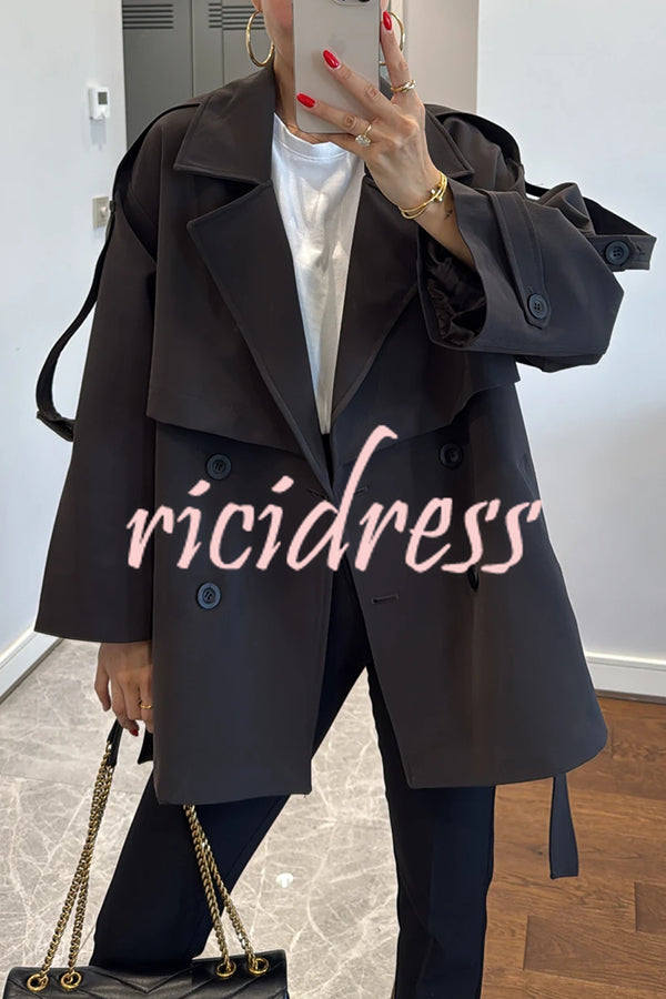 Modern Urban Dropped Shoulder Strap Button Detail Belted Lapel Loose Trench Coat