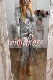 Shiny Lady Metallic Fabric Padded Long Sleeve Tie-up Ruched Midi Dress