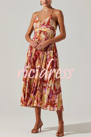 Wedding Party Season Floral Print Pleated Back Tie-up Midi Dress