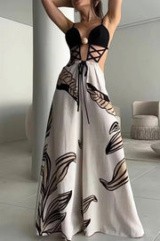 Tulum Dreaming Strap Cross Design Patchwork Printed Elastic Waist Backless Jumpsuit