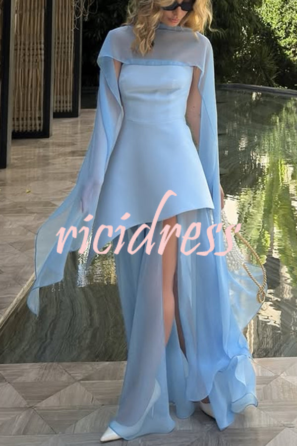 Monaco Off Shoulder Structured Top Chiffon Slit Hem Scarf Maxi Dress