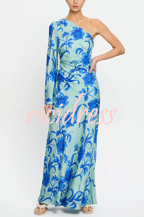 Satin Botanical Print One-Sleeve Resort Maxi Dress