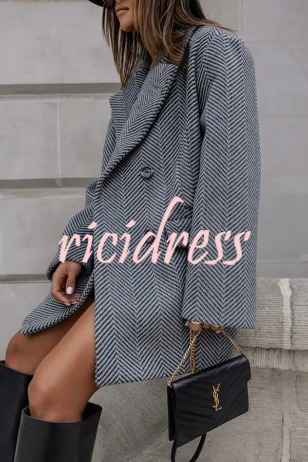 Fashion Stripe Print Lapel Pocket Coat