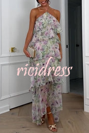 Cocktail Party Sheer Floral Georgette Halter Flowy Tiered Maxi Dress