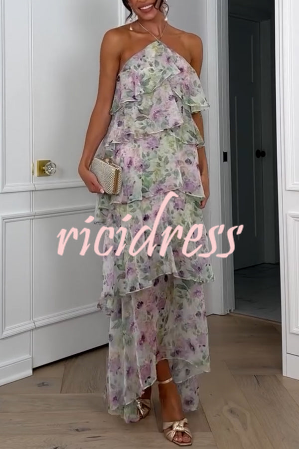 Cocktail Party Sheer Floral Georgette Halter Flowy Tiered Maxi Dress