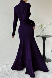 Solid Color High-neck Long-sleeved Slim-fit Fishtail Elegant Maxi Dress