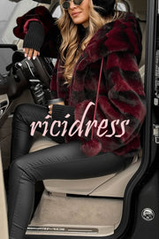 Winter Latte Gradient Print Ribbed Balloon Sleeve Hooded Loose Plush Coat