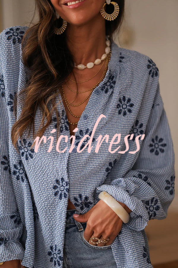 Fashionable Embroidered Floral Casual Long-Sleeved Loose Top