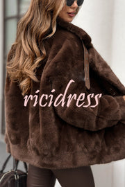 Chill Whispers Belt Buckle Design Long Sleeve Pocket Lapel Plush Coat