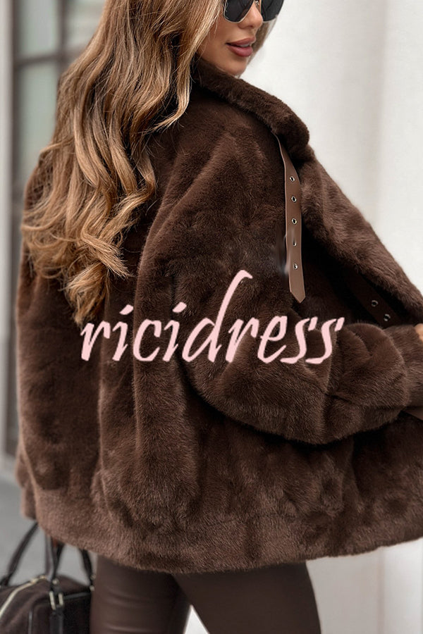 Chill Whispers Belt Buckle Design Long Sleeve Pocket Lapel Plush Coat