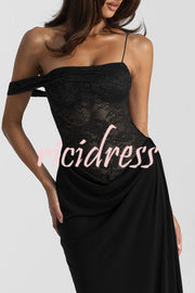 Sexy See-Through Lace Suspender Slim Slit Maxi Dress