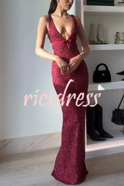 Festival Shines Sequin Beaded Mesh Bow Cutout Detail Slit Maxi Dress