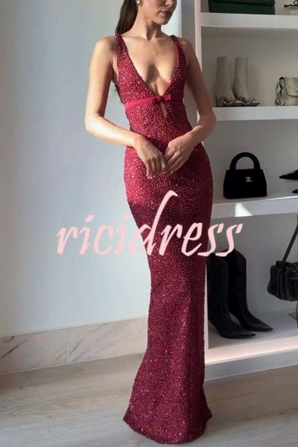 Festival Shines Sequin Beaded Mesh Bow Cutout Detail Slit Maxi Dress