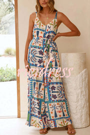 Unique Beach Vacation Print V-neck Suspenders Casual Wide-leg Jumpsuit