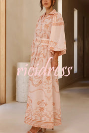 Linen Blend Lapel Puff Sleeve Casual Waist Belted Maxi Dress