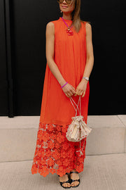 Breezy Comfort Tie-up Neck Sleeveless Floral Lace Hem Maxi Dress