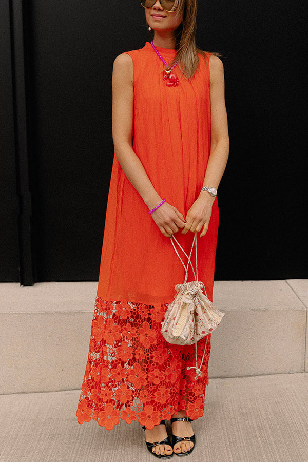 Breezy Comfort Tie-up Neck Sleeveless Floral Lace Hem Maxi Dress