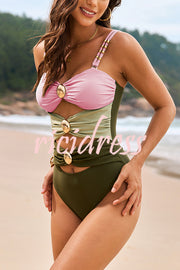 Fashionable Color-blocked Metal Button Stretch One-piece Swimsuit