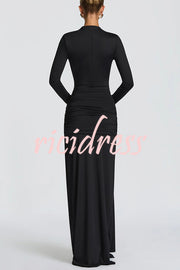 Sexy Cutout Fitted Long-sleeved Pleated Satin Ribbon Maxi Dresses