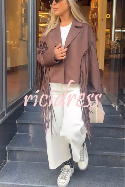 Western City Suede Long Tassels Long Sleeve Lapel Relaxed Jacket
