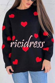 Fashionable Embroidered Love Loose Round Neck Long Sleeve Knitted Sweater