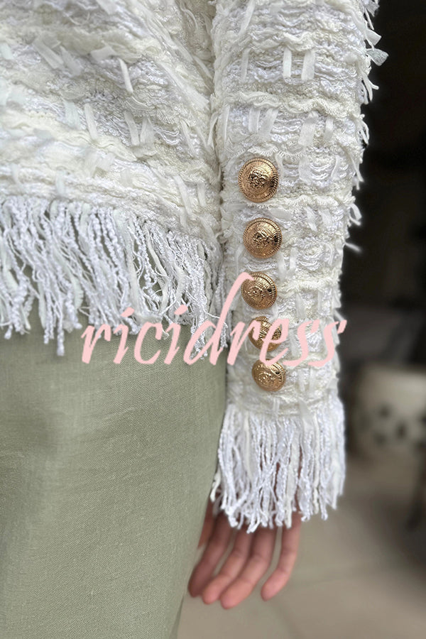 Solid Color Metal Button Long Sleeve Elegant Tassel Top