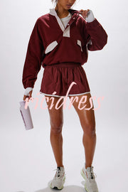 Fashion Contrast Color Stitching Stand Collar Long Sleeve Top and Elastic Waist Loose Pocket Shorts Set