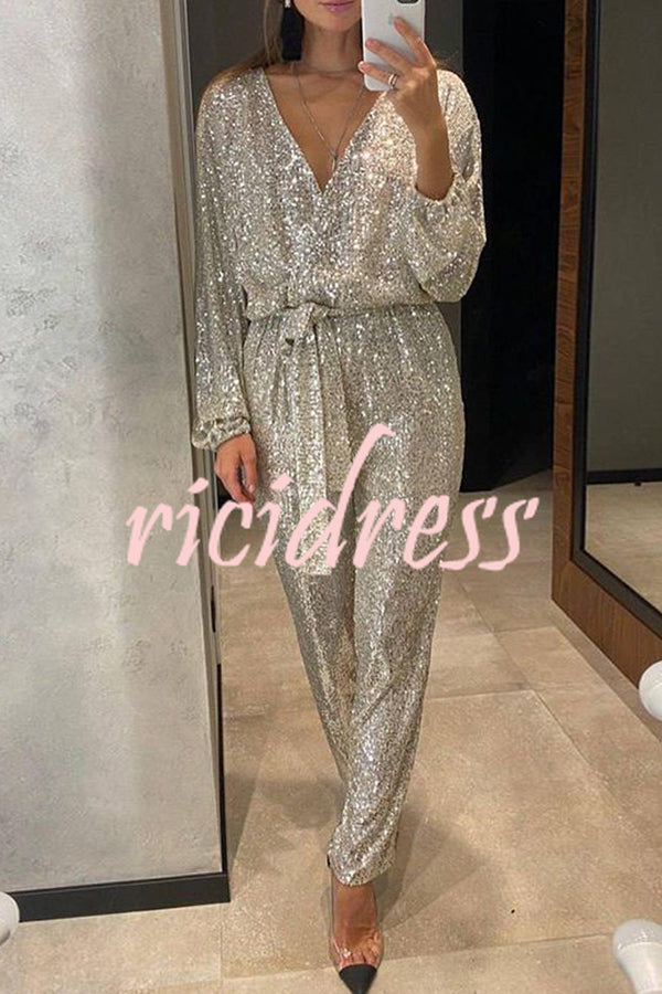 Cheers To You Sequin Long Sleeve Belted Wrap Loose Jumpsuit