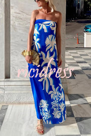 Fashion Vacation Satin Unique Print Off Shoulder Maxi Dress