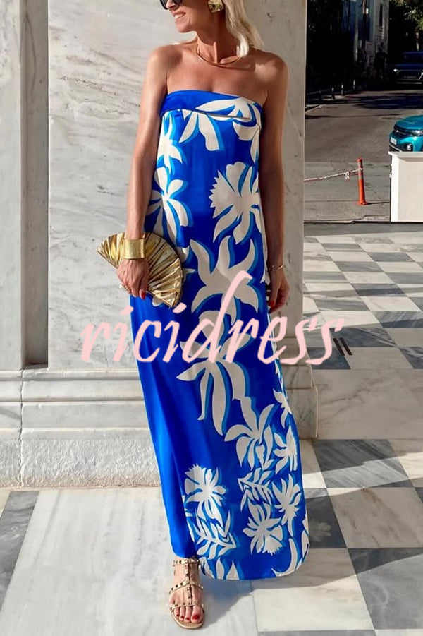 Fashion Vacation Satin Unique Print Off Shoulder Maxi Dress