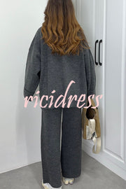 Solid Color Loose Long-sleeved Knit Top and Elastic Waist Casual Straight Leg Pants Set
