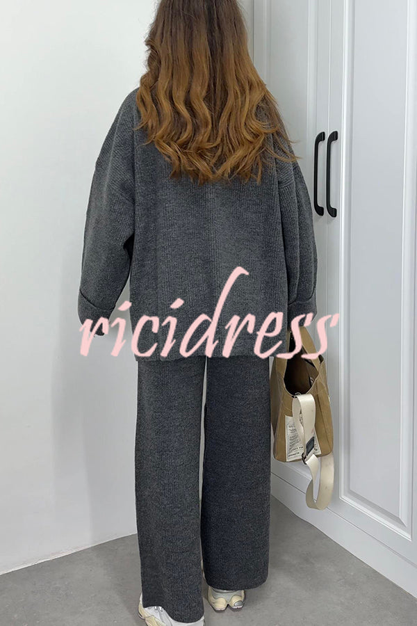 Solid Color Loose Long-sleeved Knit Top and Elastic Waist Casual Straight Leg Pants Set