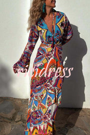 Colorful Day Unique Print Bell Sleeve Cutout Waist Layered Maxi Dress