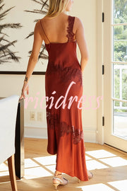 Sexy Lace Stitching Suspender V-neck Asymmetrical Maxi Dress