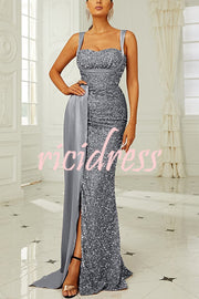 Banquet Sequined Backless Strappy Fishtail Maxi Dress