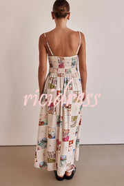 Unique Printed Sling Backless Elastic Pleated Maxi Dress