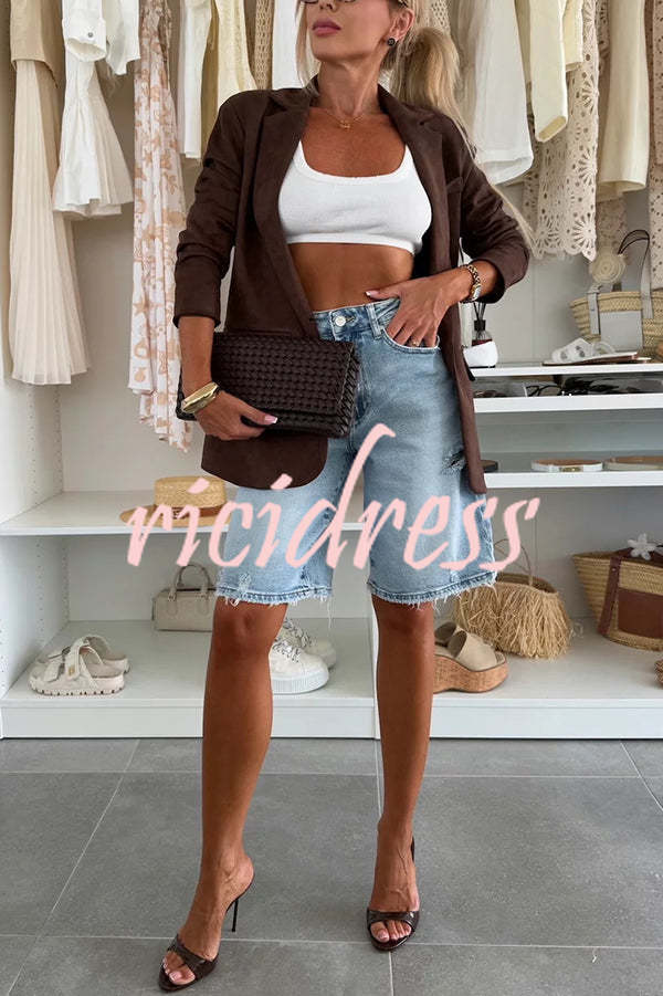 Fashion Denim Pocket Frayed Bermuda Shorts