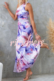 Laken Floral Print One Shoulder Adjustable Tie Cutout Pleated Maxi Dress