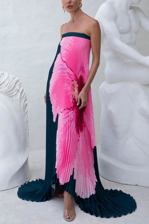 All about Her Pleated Floral Print Off Shoulder A-line Maxi Dress