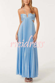 Caught Your Eye Satin Pleated Cross Straps Cutout Flowing Maxi Dress