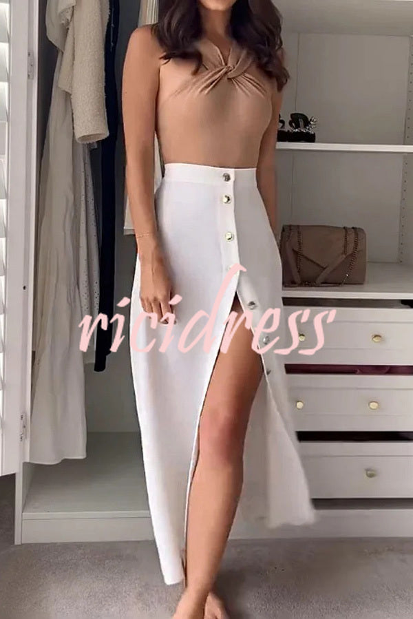 Stylish Sleeveless Stretch Fit Top and Relaxed Buttoned Slit Maxi Skirt Set