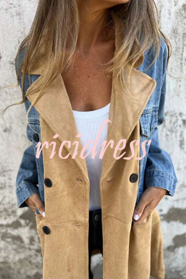 Fashion Lapel Long Sleeve Pocket Mid-length Denim Patchwork Jacket