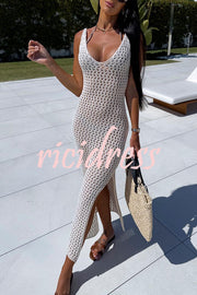 Solid Color V-neck Hollow Beach Knitted Cover-up Midi Dress
