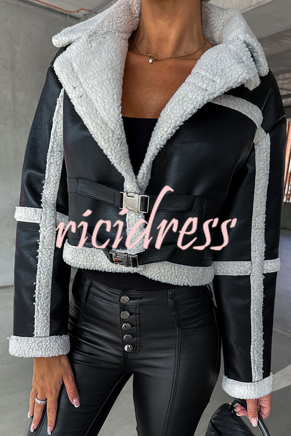 Venezia Leather Plush Lined Buckle Strap Long Sleeve Coat
